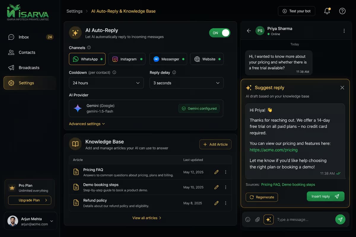 AI auto-reply and knowledge base settings