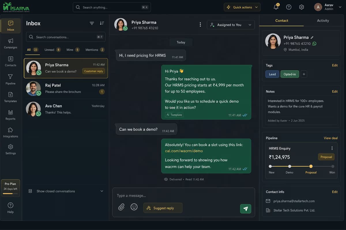 wacrm shared inbox with conversation list and message thread