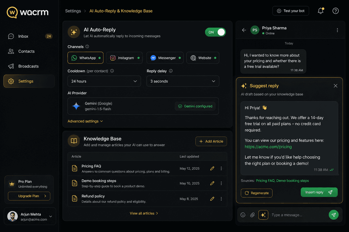 wacrm AI auto-reply settings and knowledge base