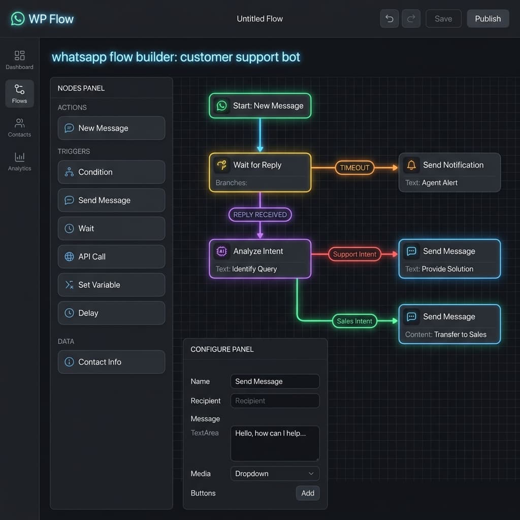 Visual automation flow builder with drag-and-drop nodes