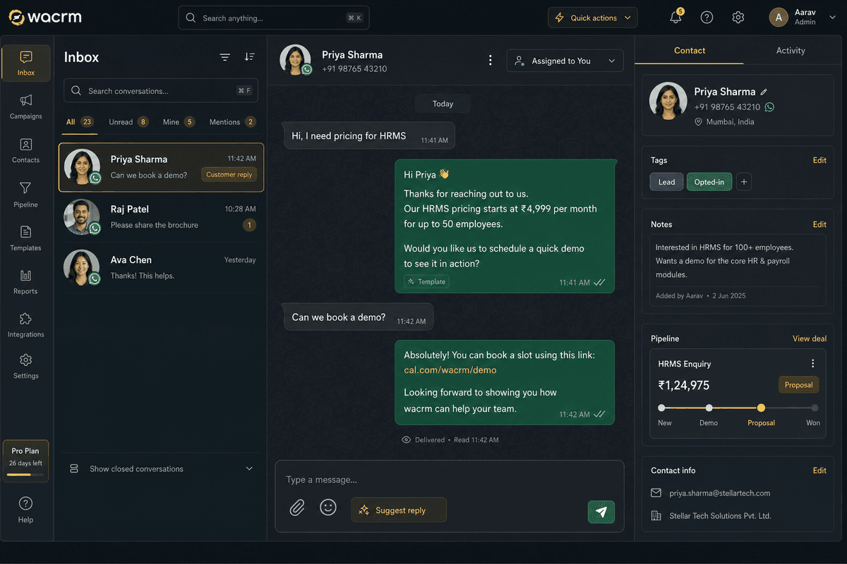 wacrm shared inbox with conversation list and message thread