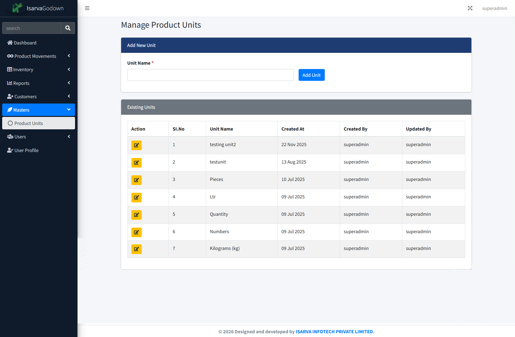 Product and Unit Setup Screen